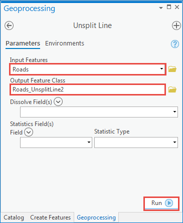The Geoprocessing pane of the Unsplit line tool