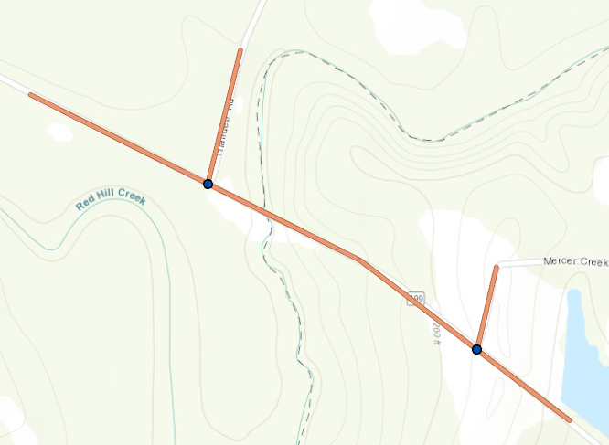 Map showing the points created at intersections on the line layer.