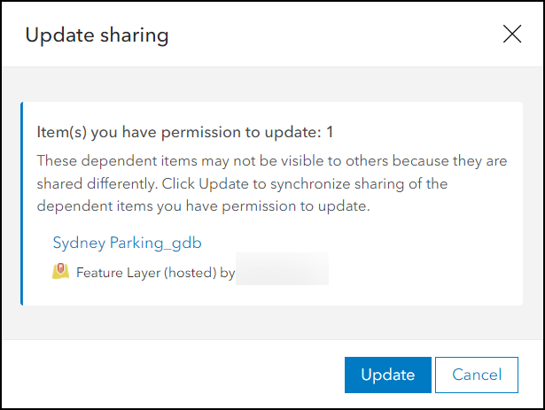 The ‘Update sharing’ window when attempting to change the sharing level of the web map containing a feature layer from the file geodatabase.