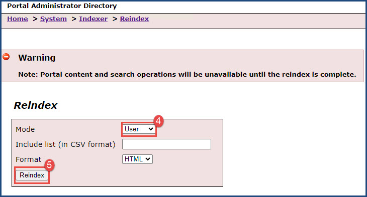 The Mode drop-down list and the Reindex button in the Portal Administrator Directory