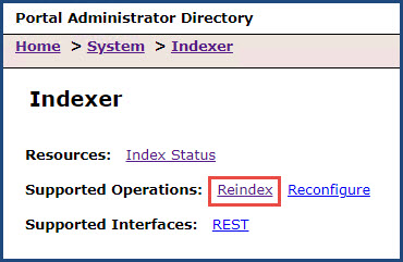 The Reindex option in the Portal Administrator Directory