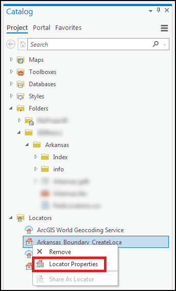 The Locator Properties for a locator in the Catalog pane of ArcGIS Pro.