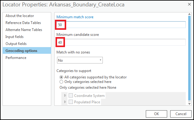 Showing the minimum match score and minimum candidate scores in the Locator Properties dialog box.