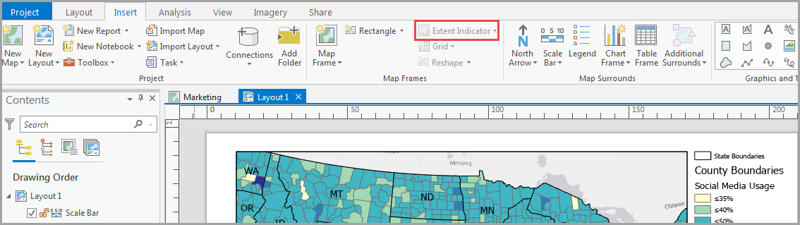 The disabled Extent Indicator button in the Map Frames group