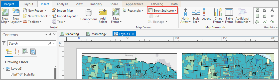 The Extent Indicator button is enabled in ArcGIS Pro