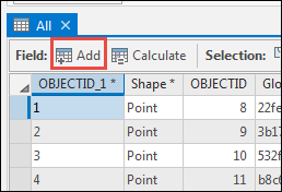 A new field added to the table by clicking Add on the upper left side of the table view.