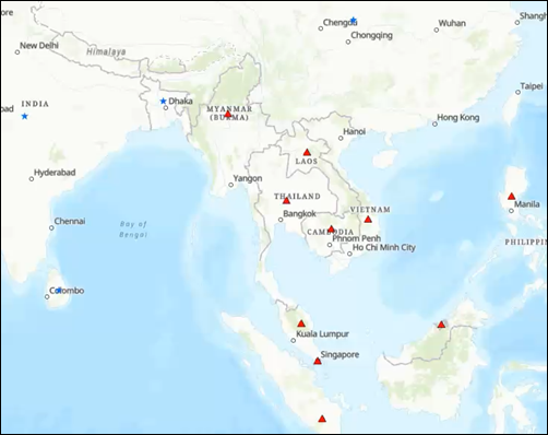 Map showing the result of the workflow where the ten Southeast Asian countries, the specific features, are symbolized by a red triangle symbol. Other Asian countries are symbolized by a blue star symbol.