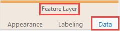 The Feature Layer contextual tab set on the ribbon consisting three tabs, Appearance, Labeling, and Data where the user must click the Data tab.