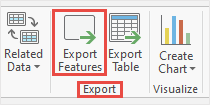 The Data tab showing the Export group with two options, Export Features and Export Table where the user must click Export Features.