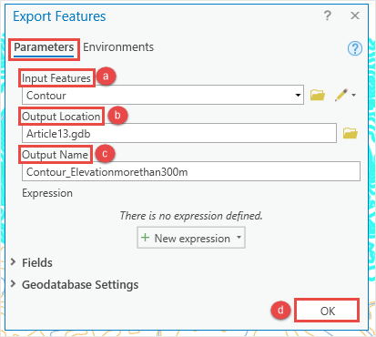 Export Features window with the parameters to be filled which are, the Input Features, Output Location, Output Name, and click OK.