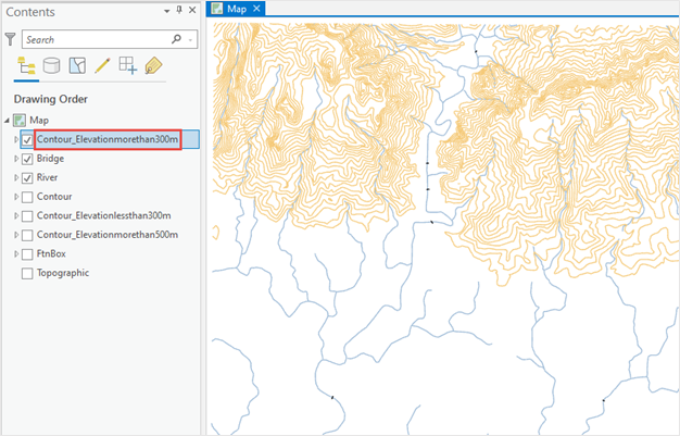 A new feature layer named Contour_Elevationmorethan300m created from the selected features, and is displayed in an ArcGIS Pro map.