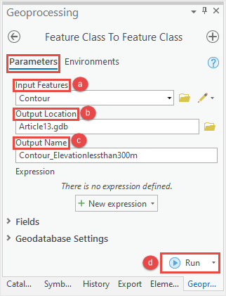 In the Feature Class To Feature Class pane, there are two tabs which are Parameters and Environments where the user must fill in the Parameters for Input Features, Output Location, Output Name and click Run.