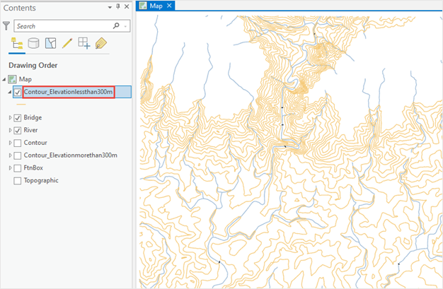A new feature layer named Contour_Elevationlessthan300m created from the selected features, and is displayed in an ArcGIS Pro map.