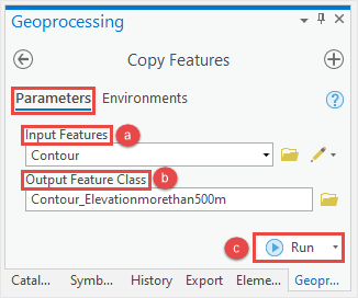 In the Copy Features pane, there are two tabs which are Parameters and Environments where the user must fill in the Parameters for Input Features and Output Feature Class, then click Run.