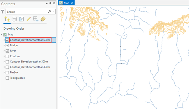 The new feature layer named Contour_Elevationmorethan500m created from the selected features, and is displayed in an ArcGIS Pro map.