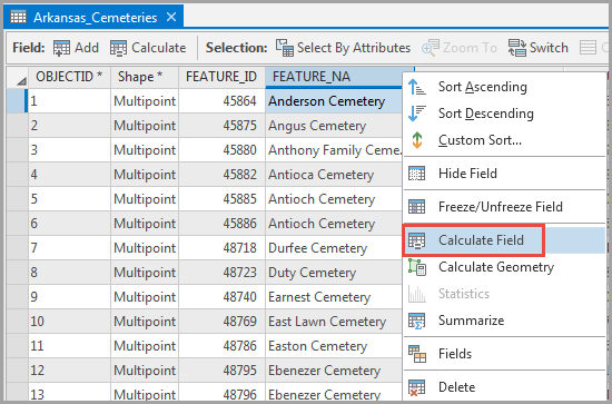 Image of selecting the Calculate Field option