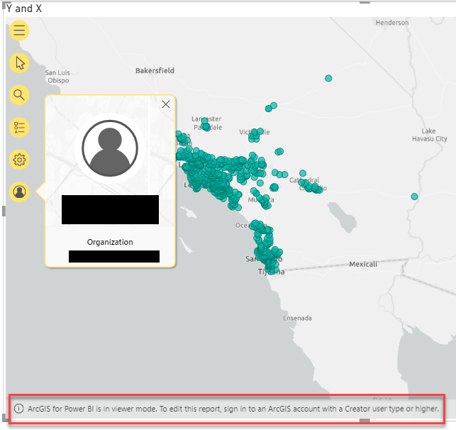 The map page in ArcGIS for Power BI returns the error message: ArcGIS for Power BI is in viewer mode. To edit this report, sign in to an ArcGIS account with a Creator user type or higher