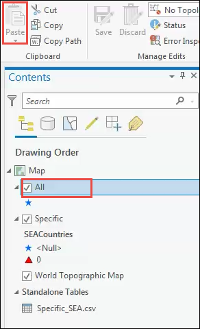 Selecting the layer All that does not contain the copied features causes the Paste option in the Clipboard group on the Edit tab to gray out.