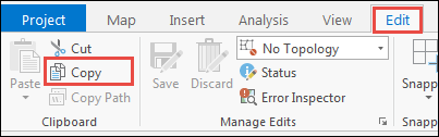 Copy the selected features by navigating to the Edit tab on the ArcGIS Pro ribbon, and on the upper left side of the window, in the Clipboard group, click Copy.