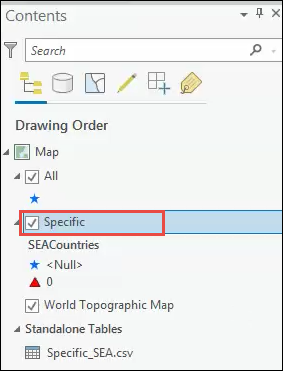 The selected features are from the layer named Specific. Only this layer in the Contents pane is selected instead of the other layers that do not contain the selected features.