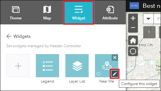 The Widget tab in ArcGIS Web Appbuilder showing the Configure this widget pencil icon to configure the Near Me widget