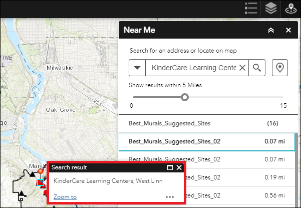 The Search result pop-up window is displayed when searching for a location in the Near Me widget.