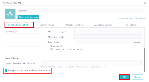 In the Configure Near Me window, check the Show pop-up for the found feature or location check box to display pop-ups when searching for a location in the Near Me widget.