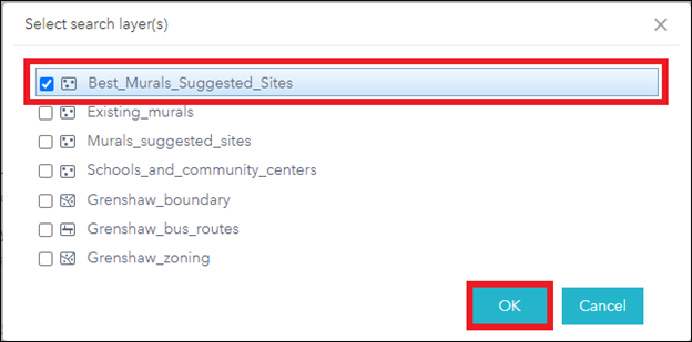 The Select search layers window showing the checkbox to check the layer with pop-ups configured to be configured in the Near Me widget.