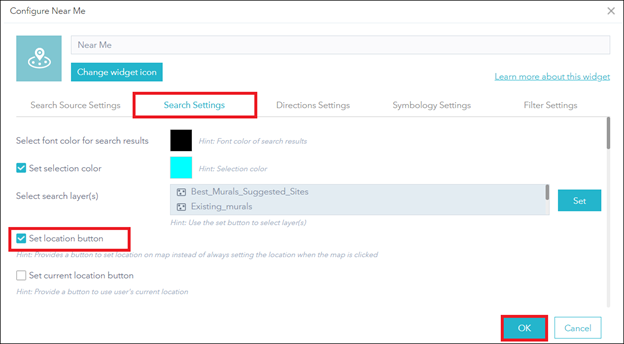 The Search Settings tab showing the Set location button check box to display the button in the Near Me widget.