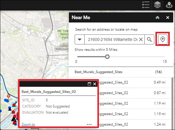 The Near Me widget showing when the Set location button is not enabled, clicking a feature on the map displays the feature attribute pop-up.