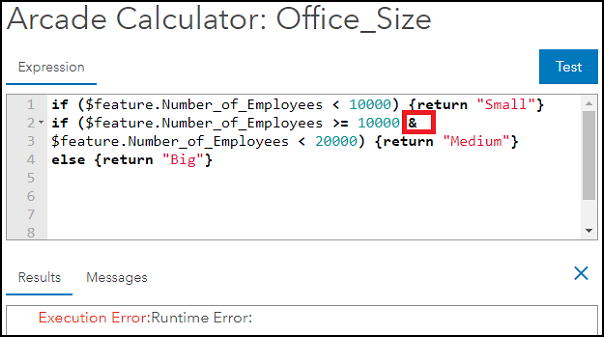 The Expression box containing the Arcade script that includes the incomplete the ‘logical and’ operator in ArcGIS Online.