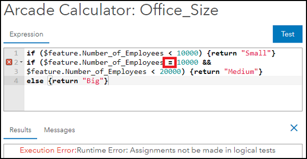 The Expression box containing the Arcade script that includes the incorrect use of the Assignment operator.