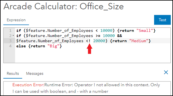 The Expression box containing the Arcade script that includes a typo after the 'Less than operator' in ArcGIS Online.