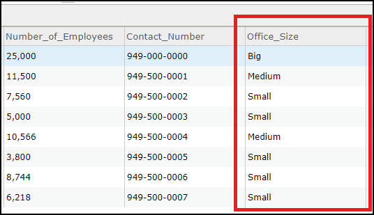 The attribute table showing the populated Office_Size field after successfully running the Arcade script.