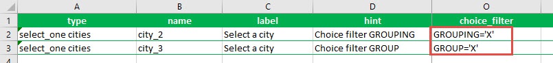 The XLSForm of the survey showing one question using the GROUPING column and the GROUP column in the choice filter