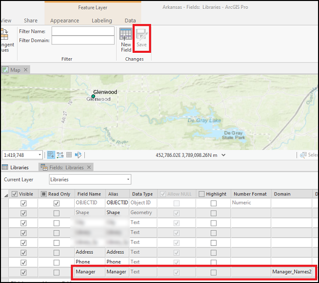 The Fields view displaying the Manager_Names2 domain successfully assigned to the Manager field in ArcGIS Pro.