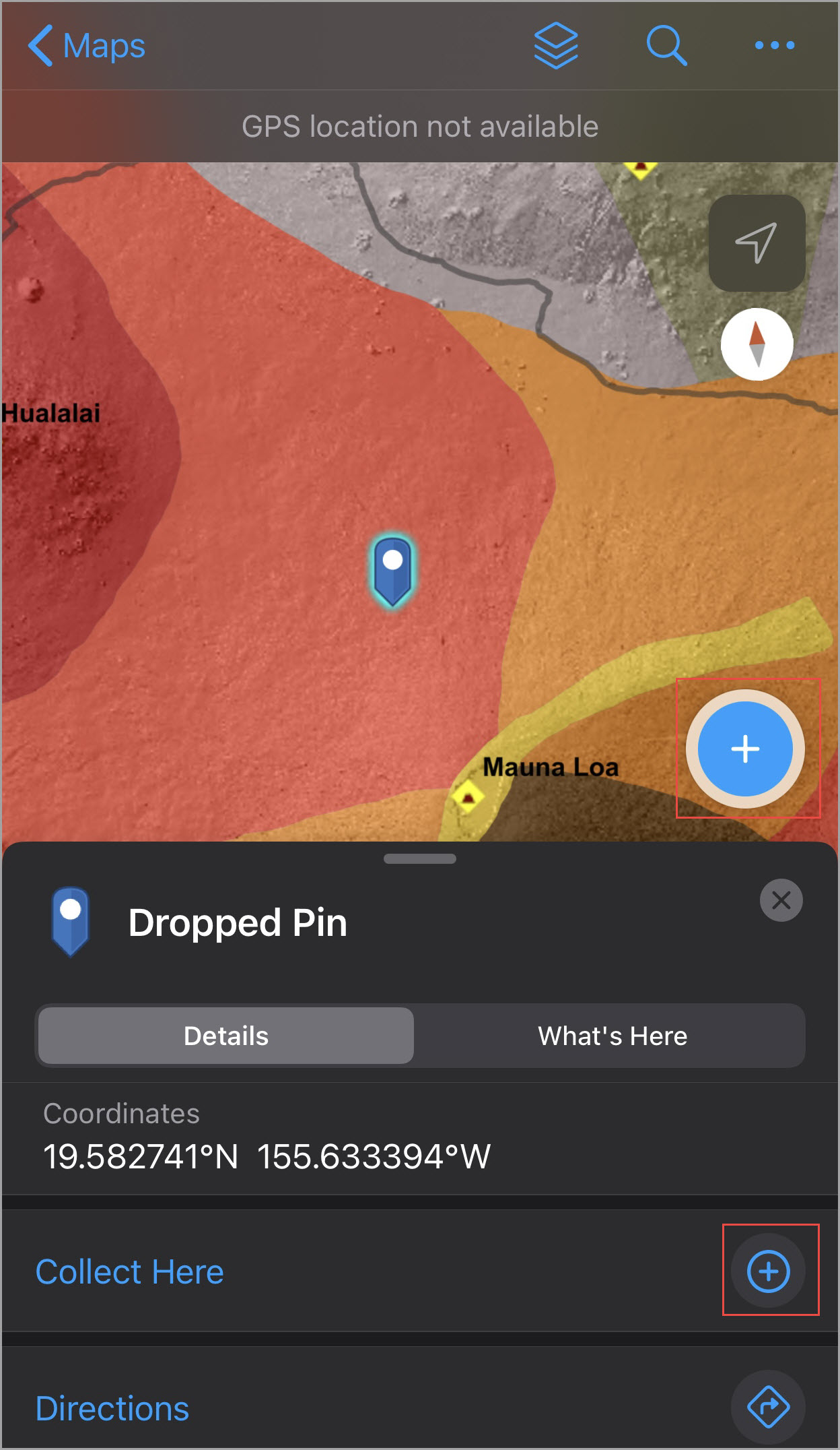 An editable hosted feature layer displaying a coordinate location in the ArcGIS Field Maps app.