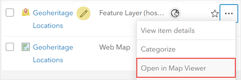 In the survey folder, there are two items which the hosted feature layer and web map. When clicking More Options, there are several options which are View item details, Categorize, and Open in Map Viewer. Select Open in Map Viewer.