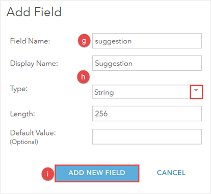There are several parameters in the Add Field window which are Field Name, Display Name, Type, Length, and Default Value (Optional). The Field Name, Display Name, and Type are the parameters that need to be filled in. The ADD NEW FIELD button is at the bottom of the Add Field window.