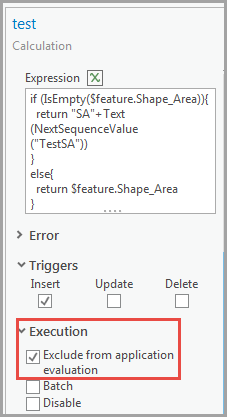 The example of the ‘Exclude from application evaluation’ option is checked in the Execution section in the Calculation rule properties window.