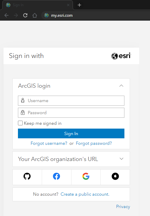 My Esri login panel