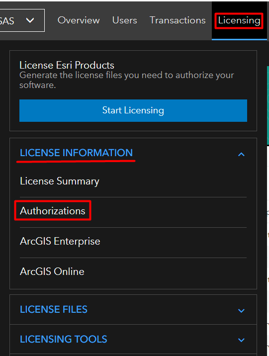 V Overview Users Transactions Licensing License Esri Products Generate the license files you need to authorize your software. Start Licensing LICENSE INFORMATION License Summary Authorizations ArcGlS Enterprise ArcGlS Online LICENSE FILES LICENSING TOOLS