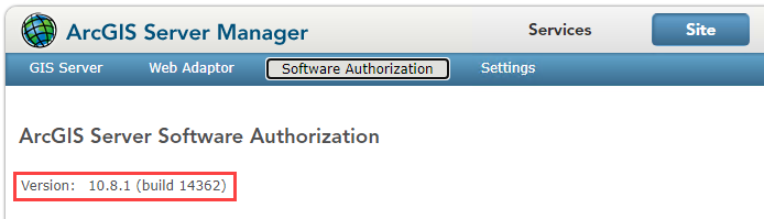 The ArcGIS Server Manager site sign in page to navigate to the Site and Software Authorization. The server build and version number is displayed here.