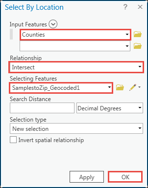 The Select By Location pane shows sections available to run the tool. Click the drop-down arrow, or the Browse button next to the boxes to select from the list of options. To run and close the tool, click OK on the bottom-right of the pane.