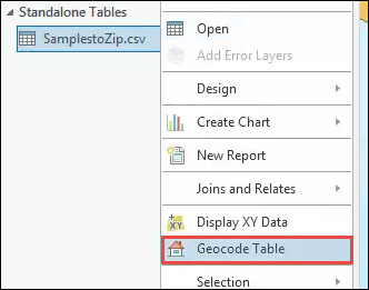 Open the Geocode Table tool by right-clicking the standalone table in the Contents pane, and select Geocode Table in the list.