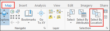 Access the Select By Location tool by navigating to the Map tab on top of the ArcGIS Pro window, and in the Selection group, click Select By Location.