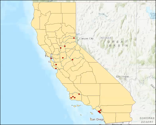 On the map, the counties in California are symbolized by yellow polygons outlined in black, and the ZIP codes from the list are now geocoded and symbolized by red circles.