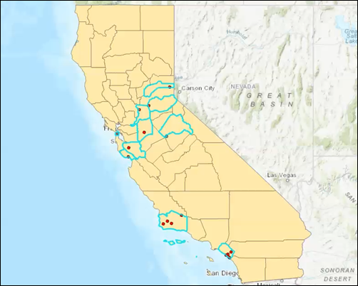 The counties in California, USA are symbolized by yellow polygons outlined in black, and the ZIP codes from the list are now geocoded and symbolized by red circles. Polygons intersecting with the ZIP codes are selected, represented with cyan color lines along the polygons.