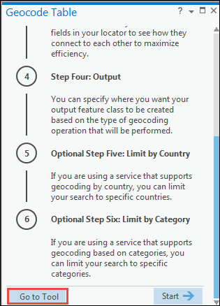 Access the Geocode Table tool by navigating to the bottom-left of the pane, and click Go to Tool.