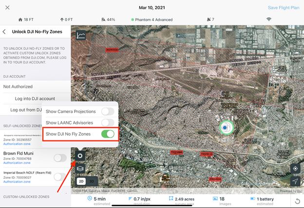 view of map showing how to toggle on/off DJI NO-fly zones